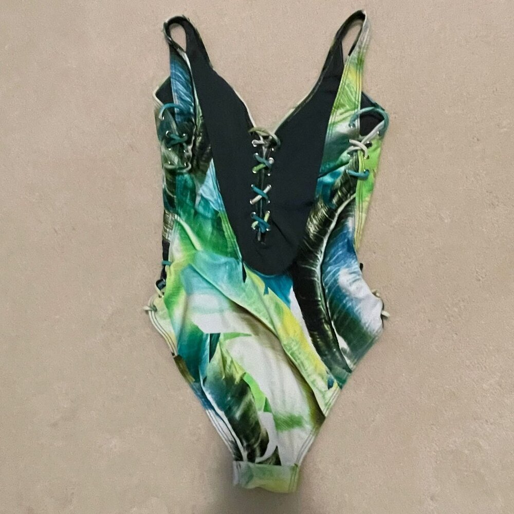 TiniBikini Tropical Lace-Up Plunge One-Piece Swimsuit Size M  NWT - Picture 3 of 9